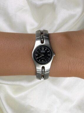 Vintage 90s Silver Minimalist Womens Watch Black Dial Y2K Industrial Brutalist